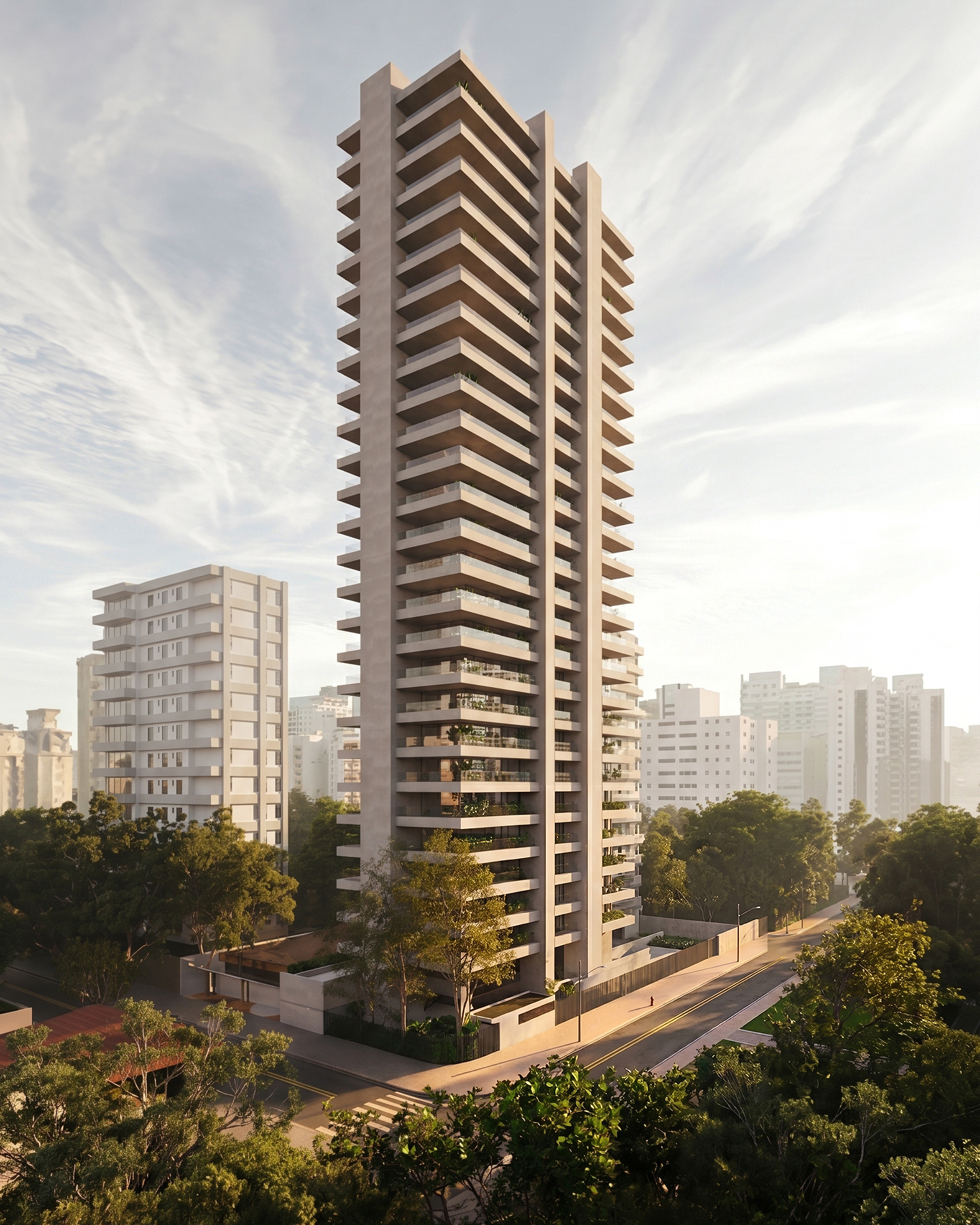 Aerial view of a façade among trees