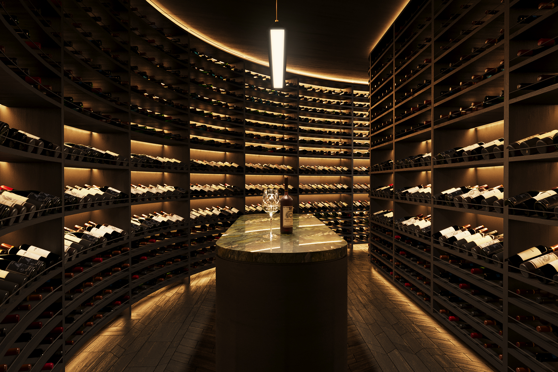 Wine cellar with a central table and warm lighting