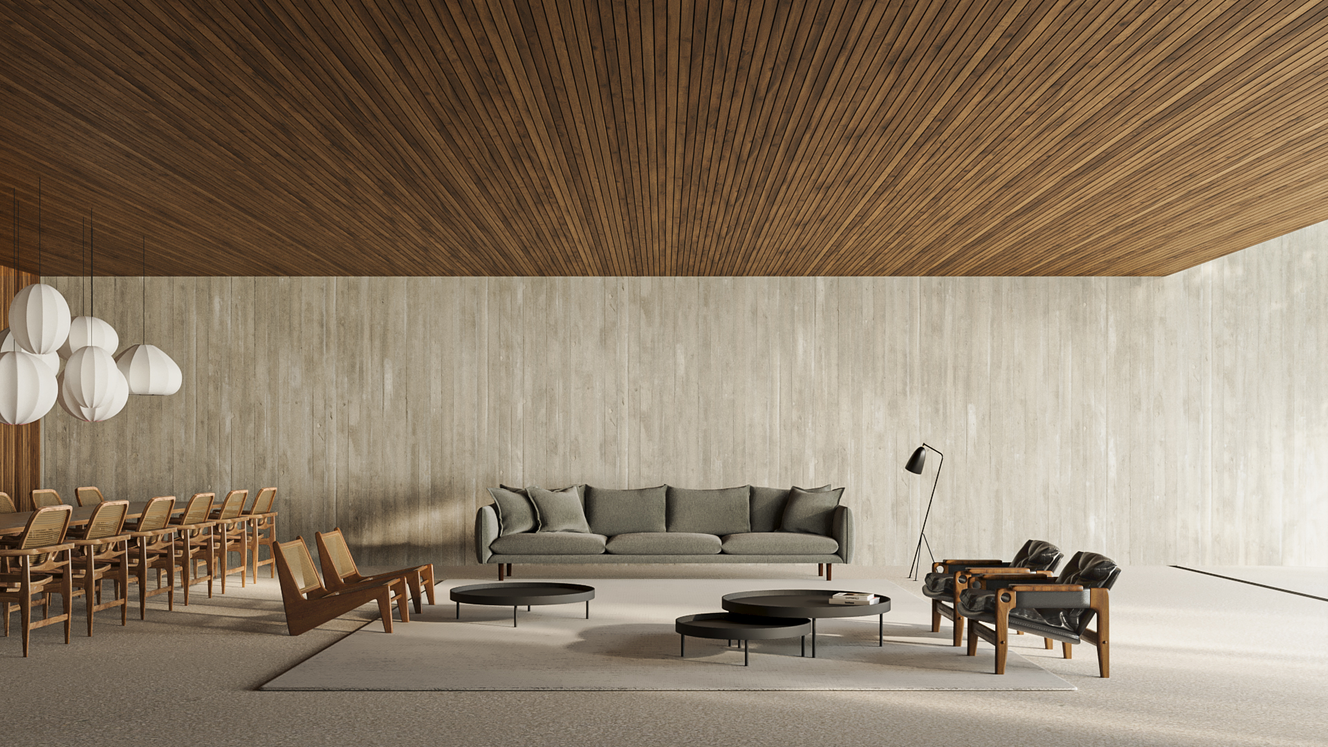Living and dining room with a timber ceiling