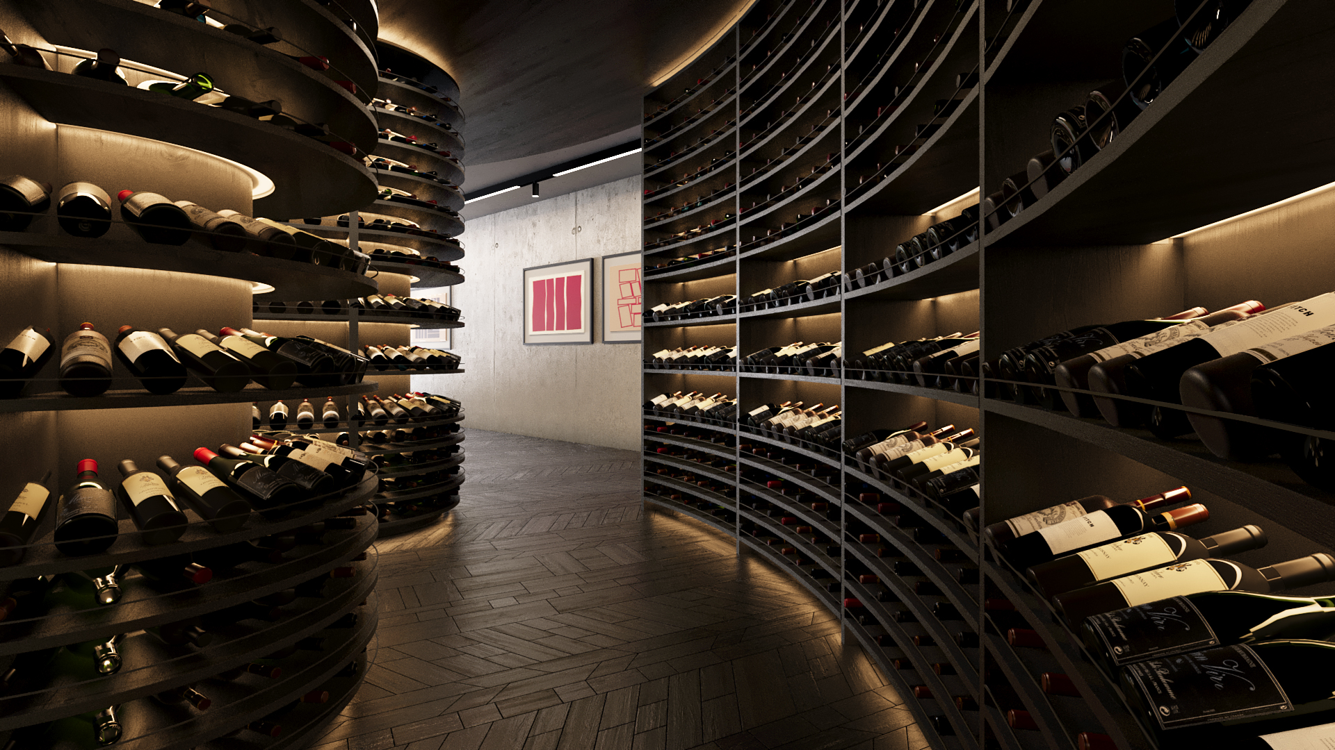 Wine cellar with curved shelving and walkways